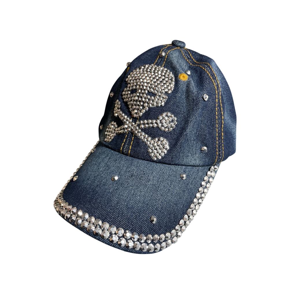 Women's Blue Rhinestone Bling Chambray Y2k Denim Jean Strapback Hat Cap OS